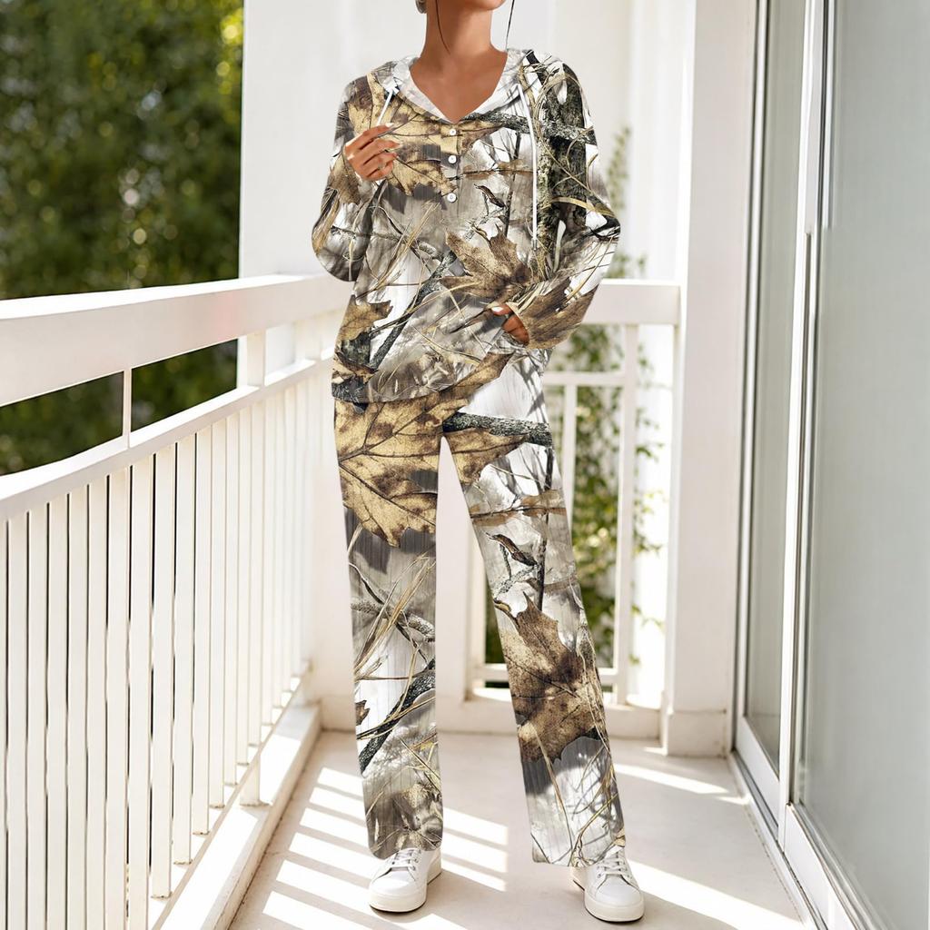 Women's Casual Hooded Pajama Set with V-Neck, Long Sleeves, Loose Fit, Print and Pockets for and Sleep