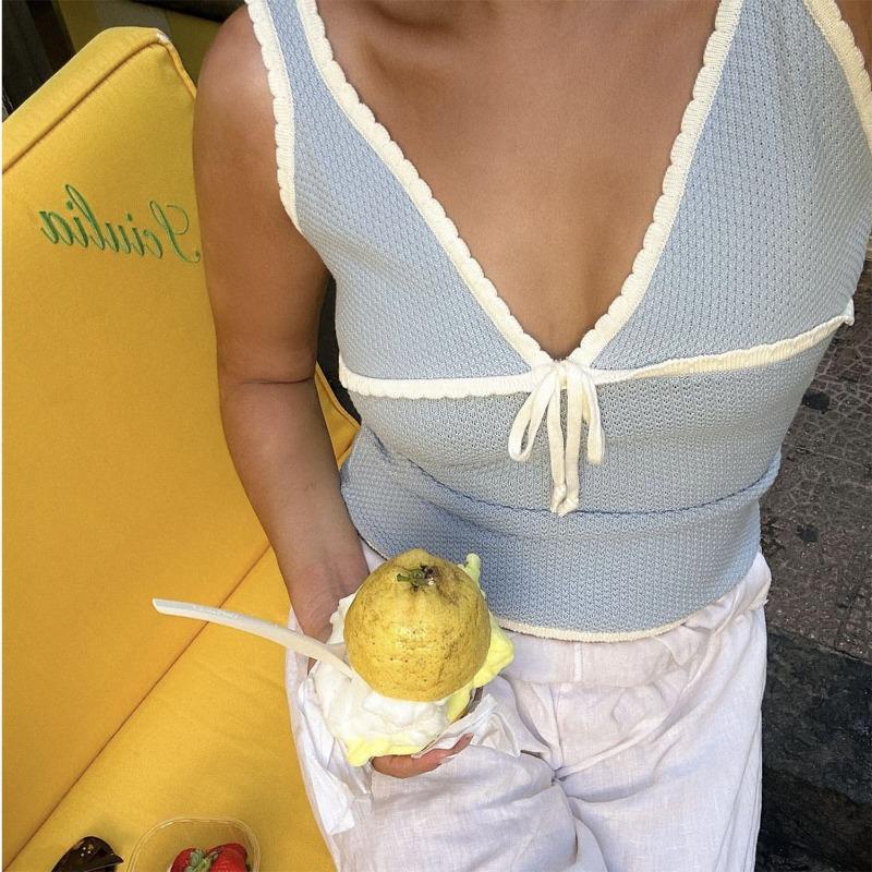 Summer Sleeveless Knit Crop Top Women Deep V Neck Sexy Backless Bow Vest Ladies Street Casual Tops Vacation Knitwear Tank Top 2024 New Fashion