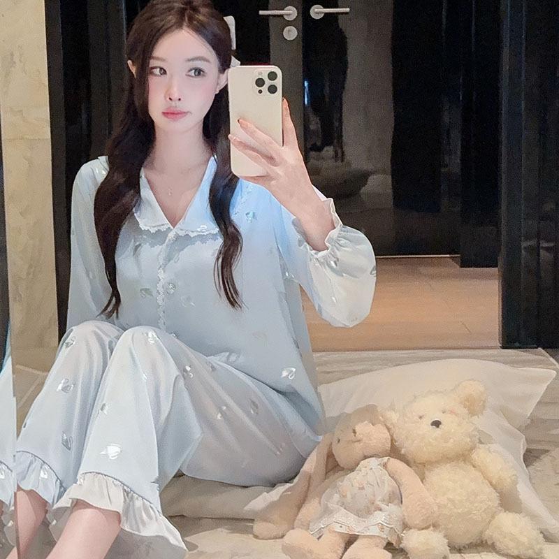 Pajamas women's light luxury ice silk spring and summer thin long-sleeved trousers cartoon suit Internet celebrity ice and snow silk loose loungewear