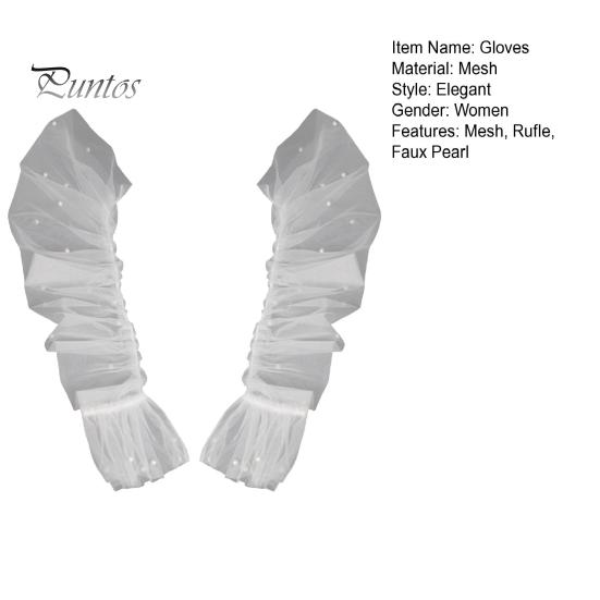 1 Pair Women Prom Arm Covers See-through Lace Faux Pearl Decor Thin Ruffle Pleated Fingerless Literary Style Performances Bride Wedding Photo Prop