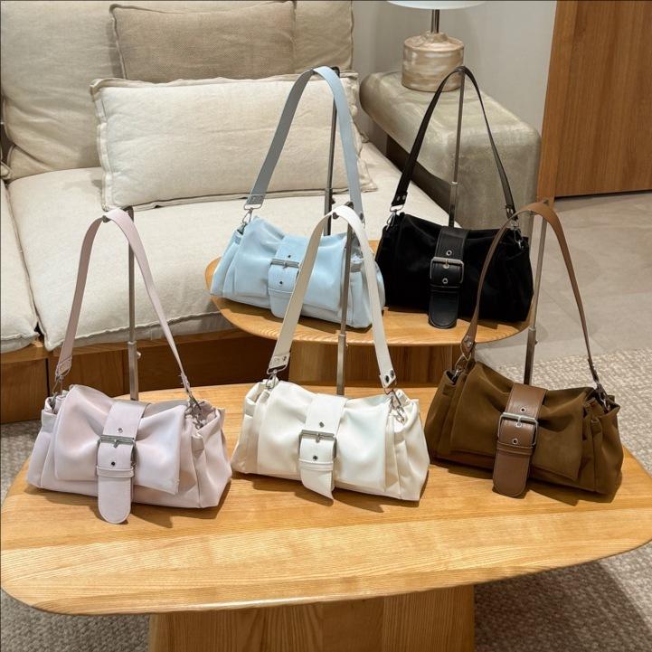 Multi Color Matte Soft PU Leather Ruched Shoulder Bag For Women Casual Underarm Bag With Metal Buckle Removable Strap Handbag