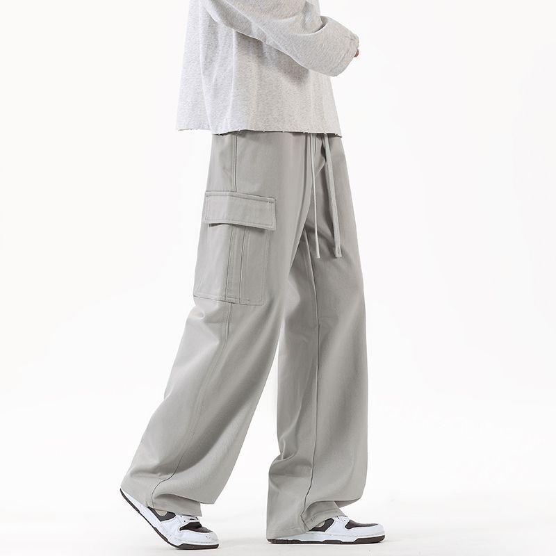 Spring New Big Pocket Tooling Casual Pants Thick Solid Color Simple Trendy Brand Loose Straight Long Pants Men