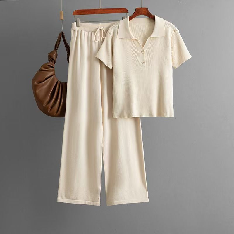

Fashion Style New Arrival Knitting Elegant Lapel Short Sleeve Top and Trousers Suit T-shirt and Pants Set Apricot color One size