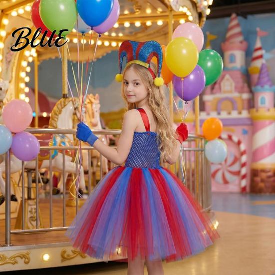 Childrens Pointed Hat Kids Clown Costume Dress Set with Headband & Gloves Girls Circus Soft Mesh Tutu Princess Dress Halloween Stage Performance
