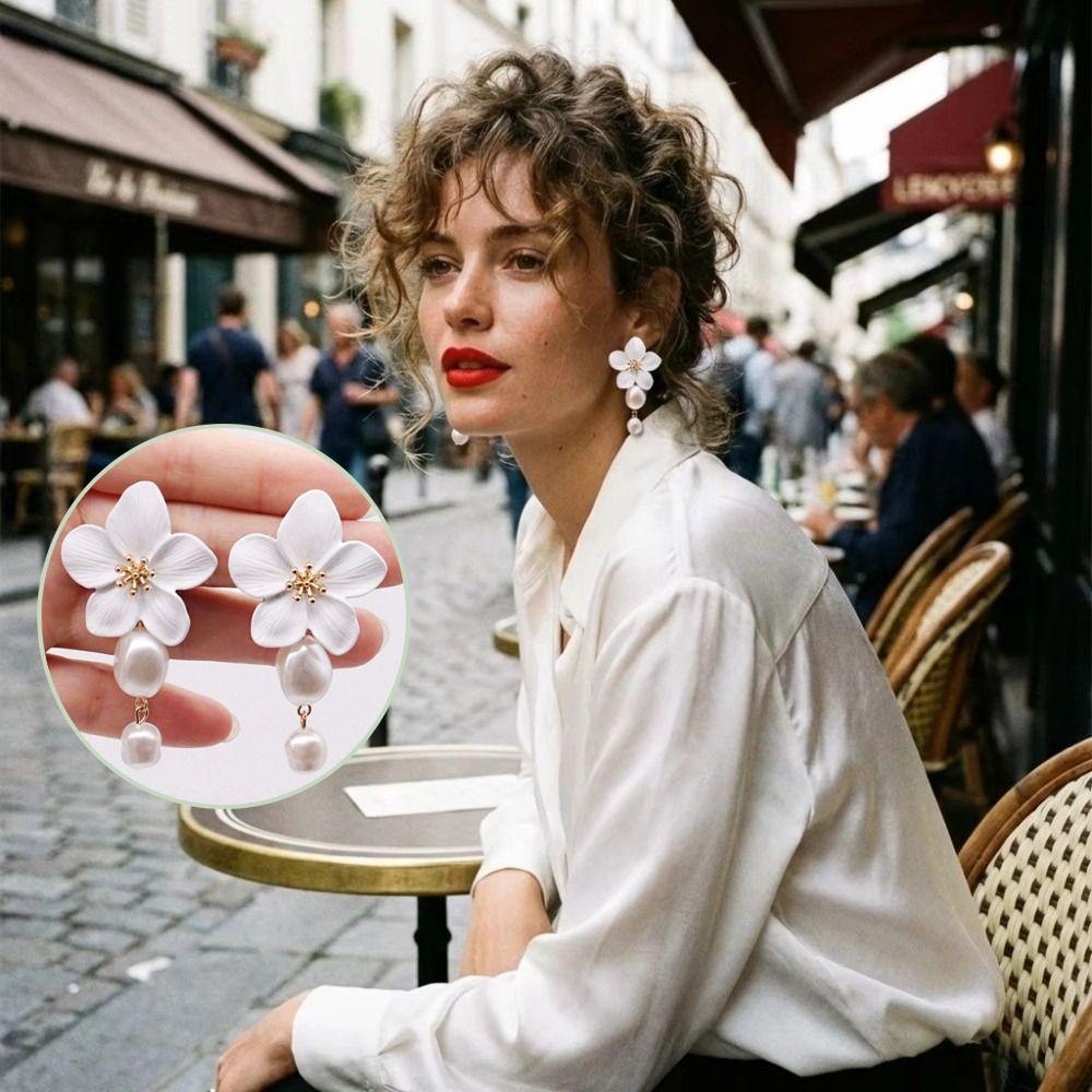 White Flower Drop Earrings Drop Shape Dangle Earrings Fashion Imitation Pearl Earrings  Gift