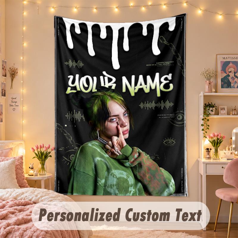 Benutzerdefinierte Personalisierte Wandteppich, Billie Eilish Druck Benutzerdefinierter Text Name Wandkunst Hängend für Schlafzimmer