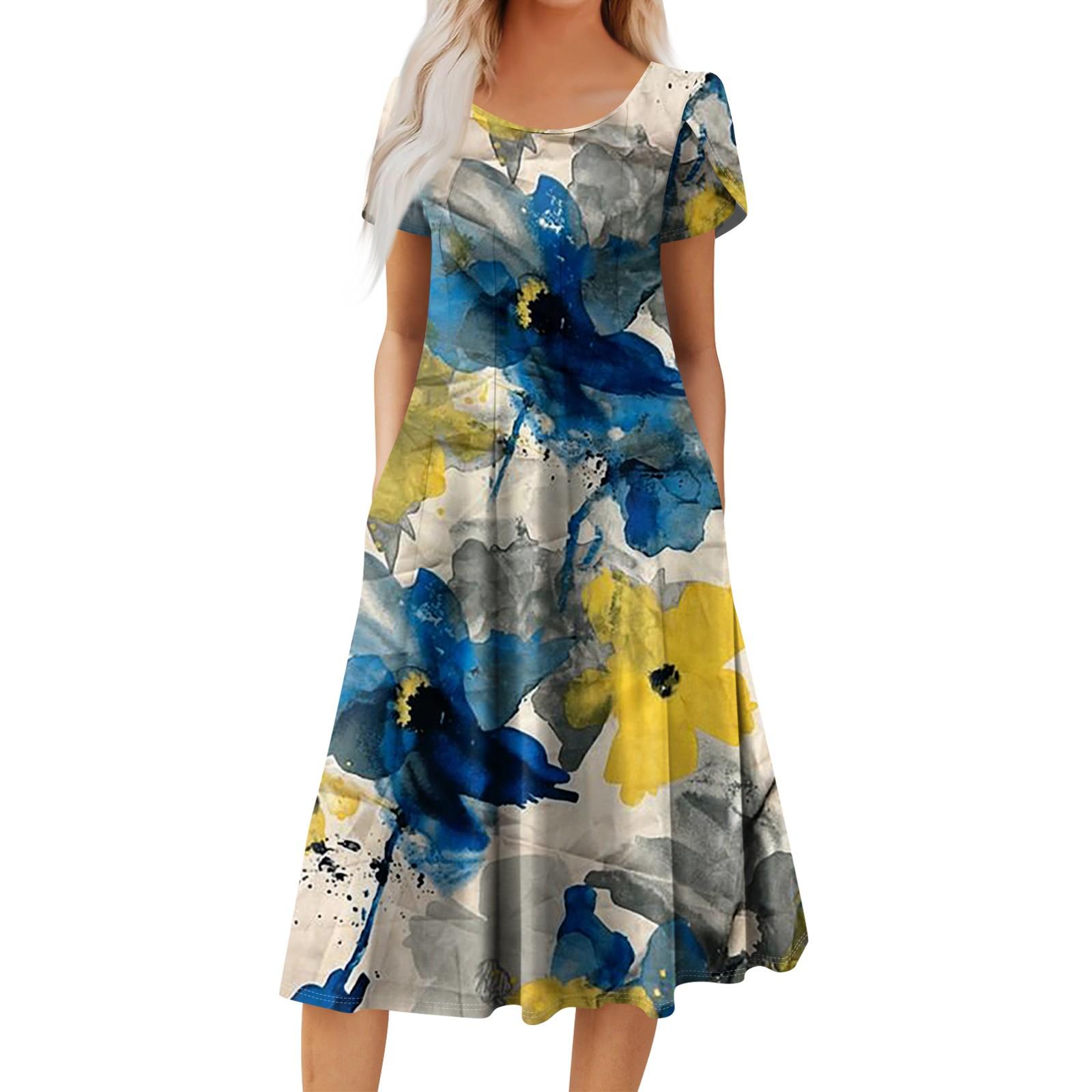 

Женское повседневное модное платье миди с круглым вырезом и коротким рукавом, модное свадебное платье для гостей XXL синий