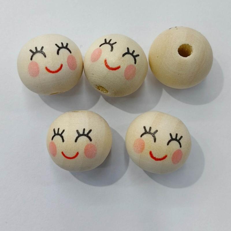 100pcs Wood Balls with Hole 20mm Smiling Face Head Ball Natural Wood Craft Bead for DIY Jewelry Making Macrames Handmade