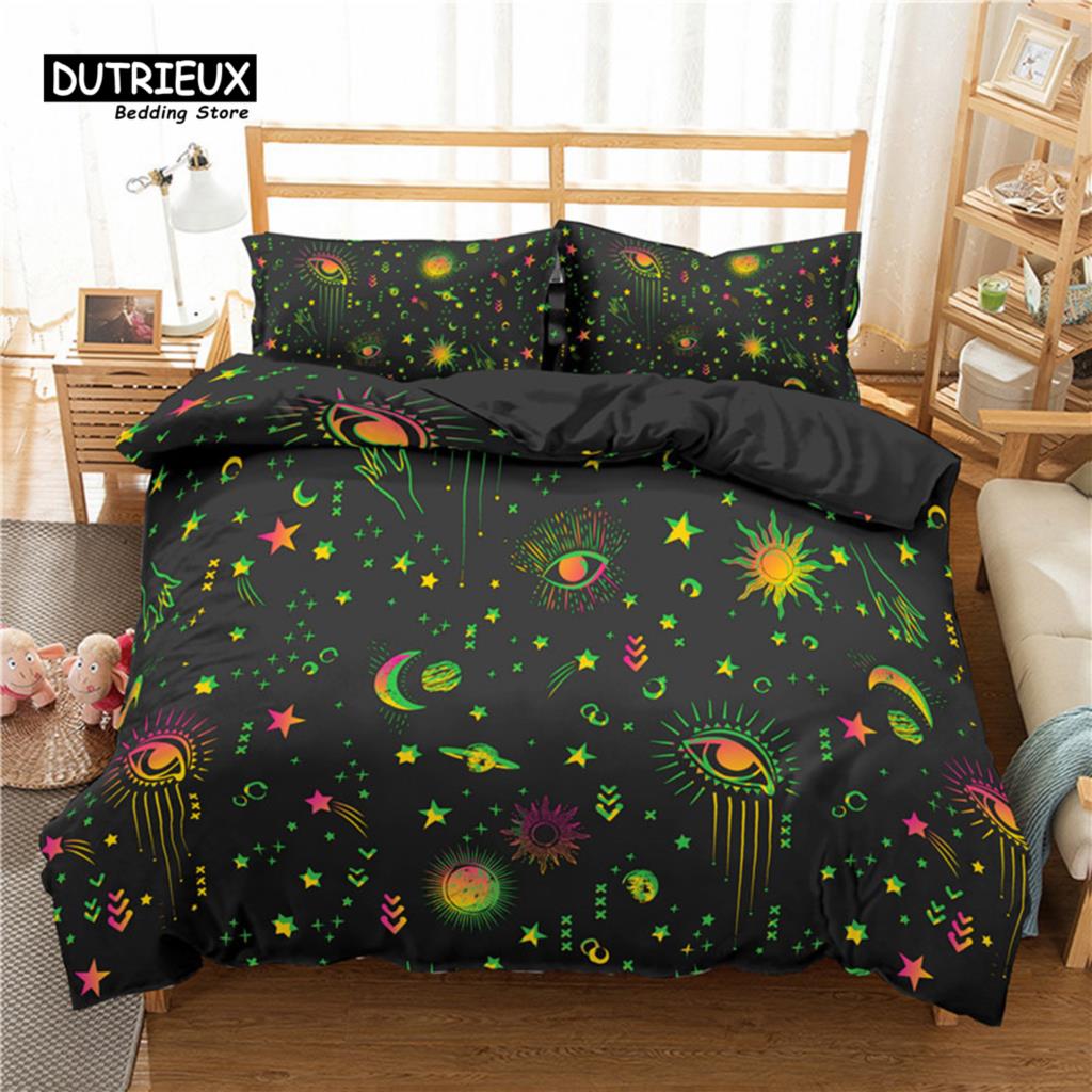 Comforter 3D Geometric Bedding Set Bohemian Style Sun Eye Star Floral Wing Abstract Pattern Print Microfiber King