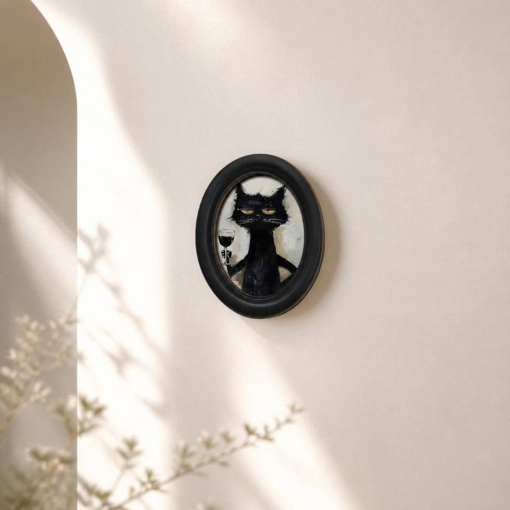 Durable 2D Abstract Wall Art Wooden Black Frame Wall Decor Oval Shaped Adhesive Mounting Cat Portrait Decor Living Room