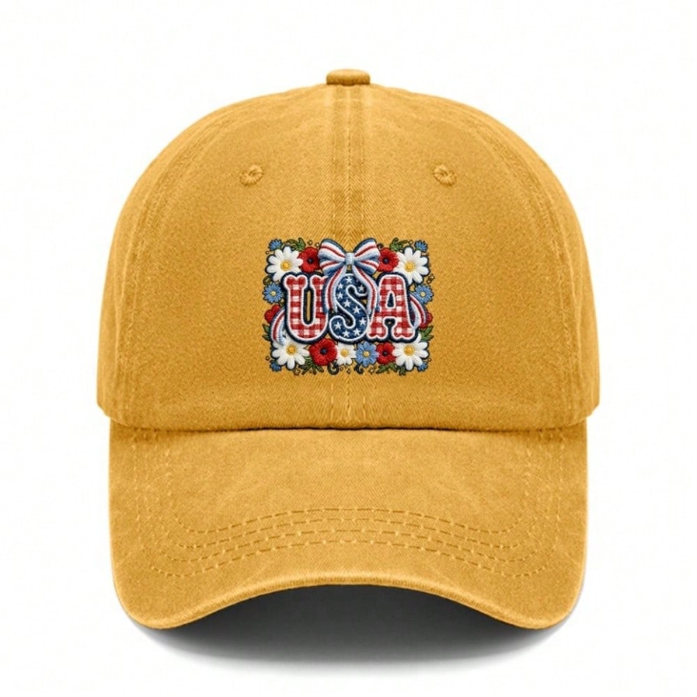 [Vintage USA Baseball Cap] Adult Unisex "USA" Floral Print Adjustable Sun Cap Breathable Curved Brim Streetwear Baseball Hat For Patriotic Holidays &