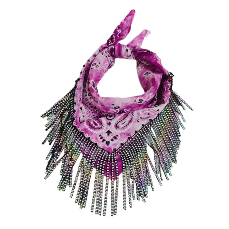 

Hot Girls Cashew Flower Bandana Soft Kerchief with Rhinestone Tassels Turban Summer Head Wrap Lovely Hair Kerchief