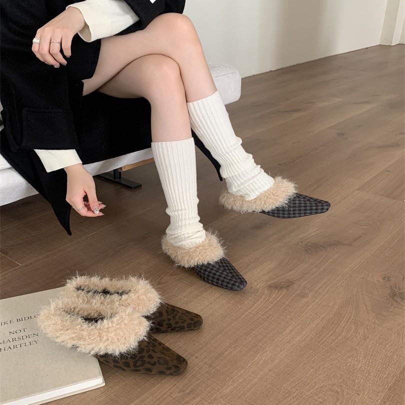 Korean version of square head plush shoes single shoes women's 2025 warm cotton shoes French thick heel retro black small leather shoes