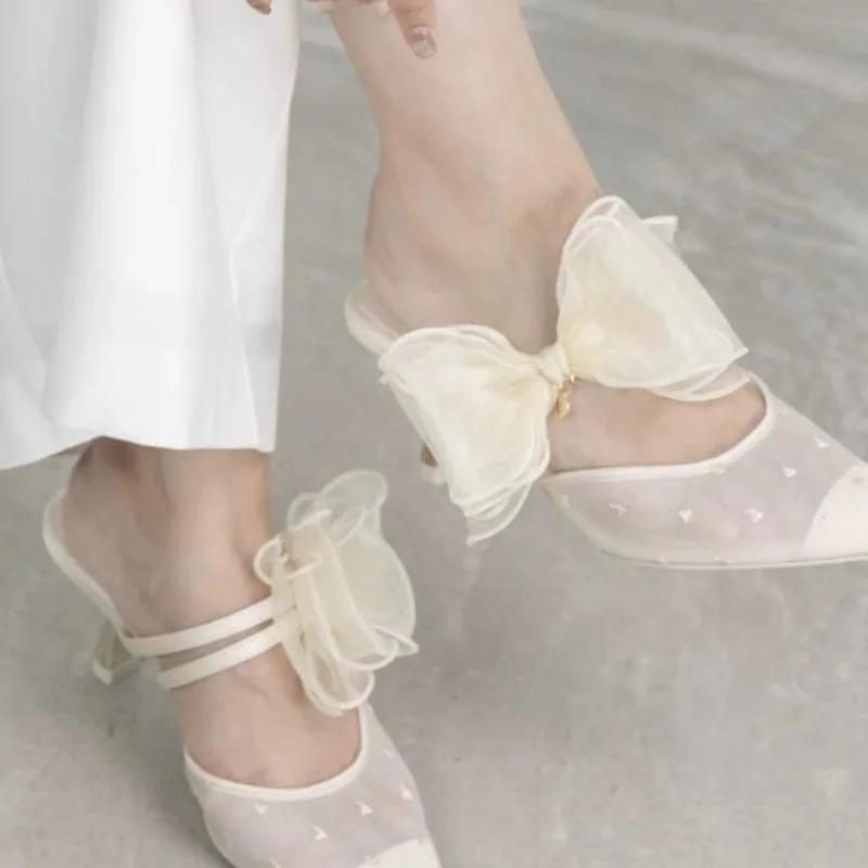 Fashion Fashion Sandals for Women 2025 Spring and Summer New Sweet Bow Flash Diamond Cool Drag Outside Wear Stiletto Baotou High Heel