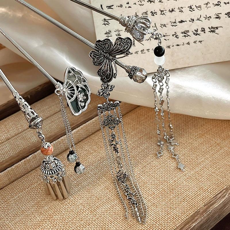 Chinese Style Butterfly Fan Tassel Hair Stick For Women Vintage Metal Hanfu Chopstick Hair Sticks Hair Accessories