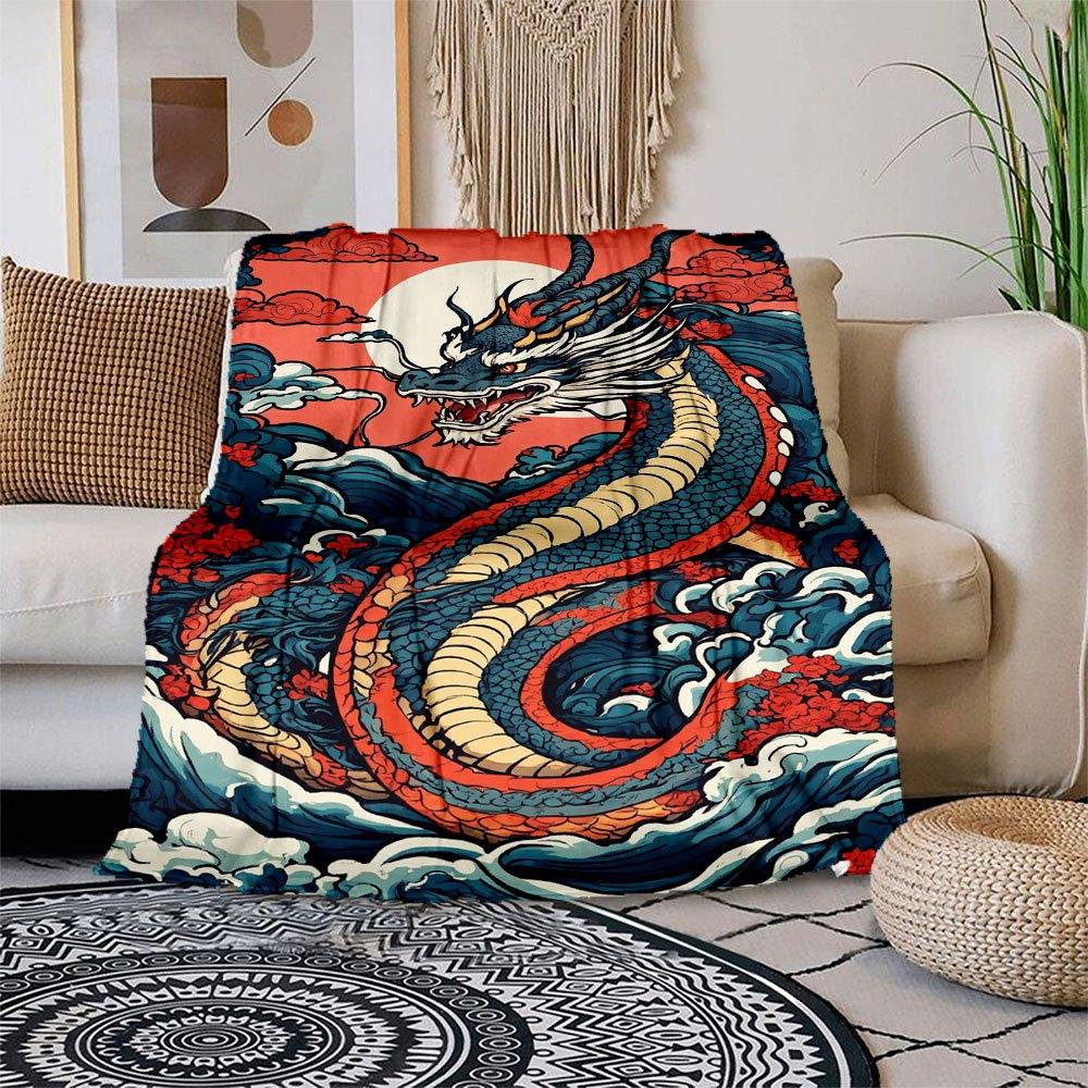 

Japanese Dragon Waves Phone Case CoverBlanket Flannel Throw Blanket for Sofa, Bed, Travel, Camping, Office, Couch, Chair, And Bed Gift for C 150x180cm