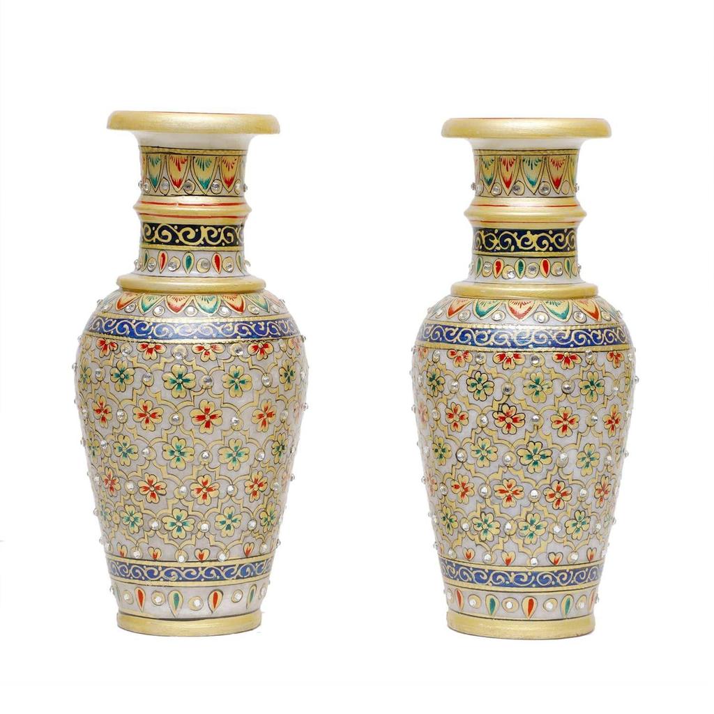 Designer Decorative Marble Flower Vase | Round Shape Beautiful Meenakari Work Showpiece Vases for Home Decoration