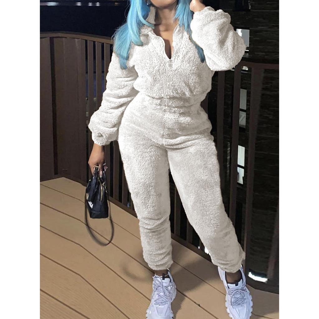 Winter Plush Two Piece Set Casual Home Warm Suit For Women Fashion Zipper Lapel Pullover Top Elastic Waist Trousers Suit