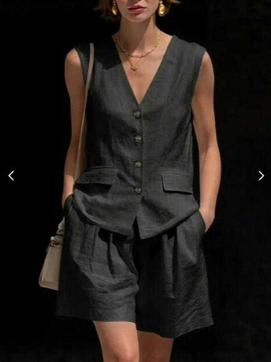 European-American Style Women's Cotton-Linen V-Neck Sleeveless Vest and Shorts Summer Set