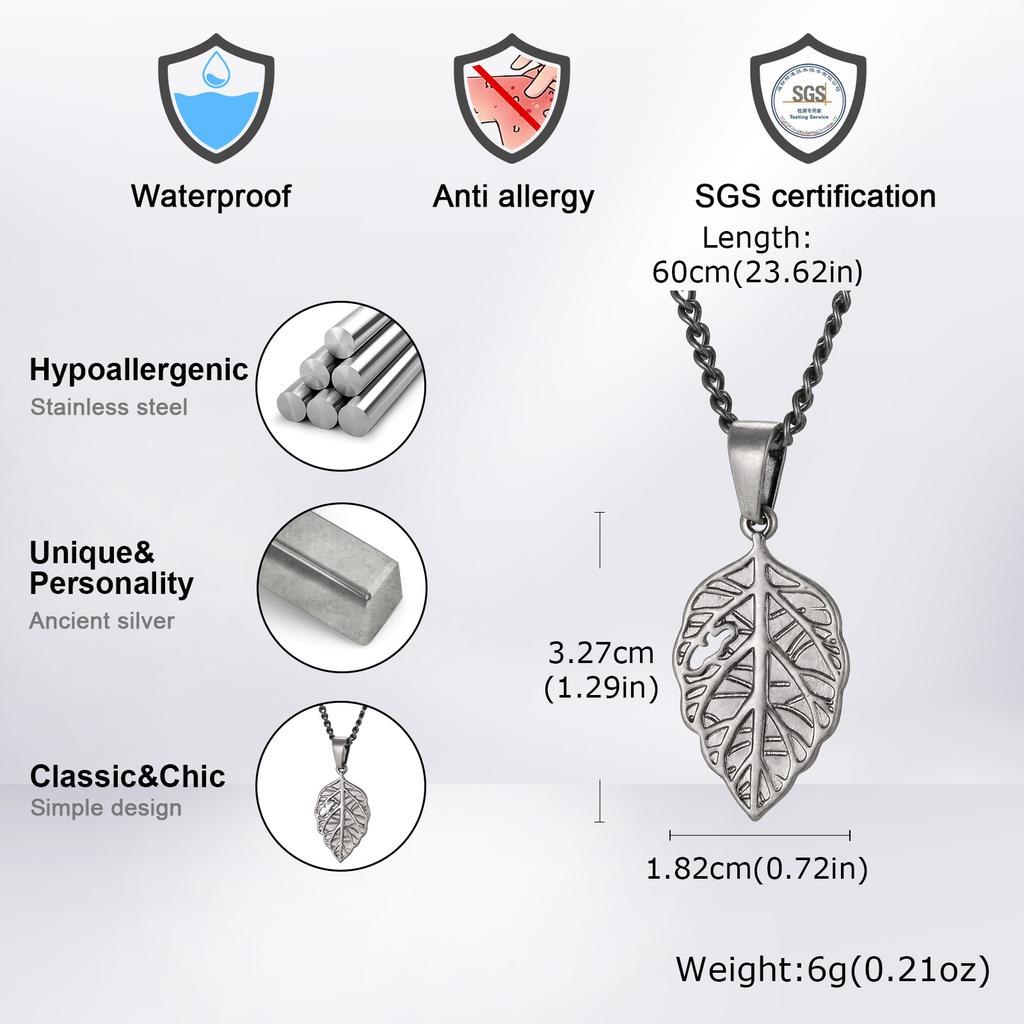 Collana con Foglia Vintage per Uomini Ragazzi, Collana con Ciondolo Foglia d'Acero in Acciaio Inossidabile Grigio, Gioiello Foglia Simbolo del Canada Regalo