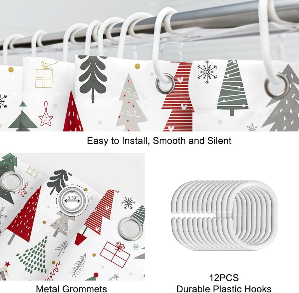 Christmas Shower Curtain For Bathroom, Winter Christmas Tree Shower Curtain Set, Xmas Holiday Home Decorations Tree Snowflake