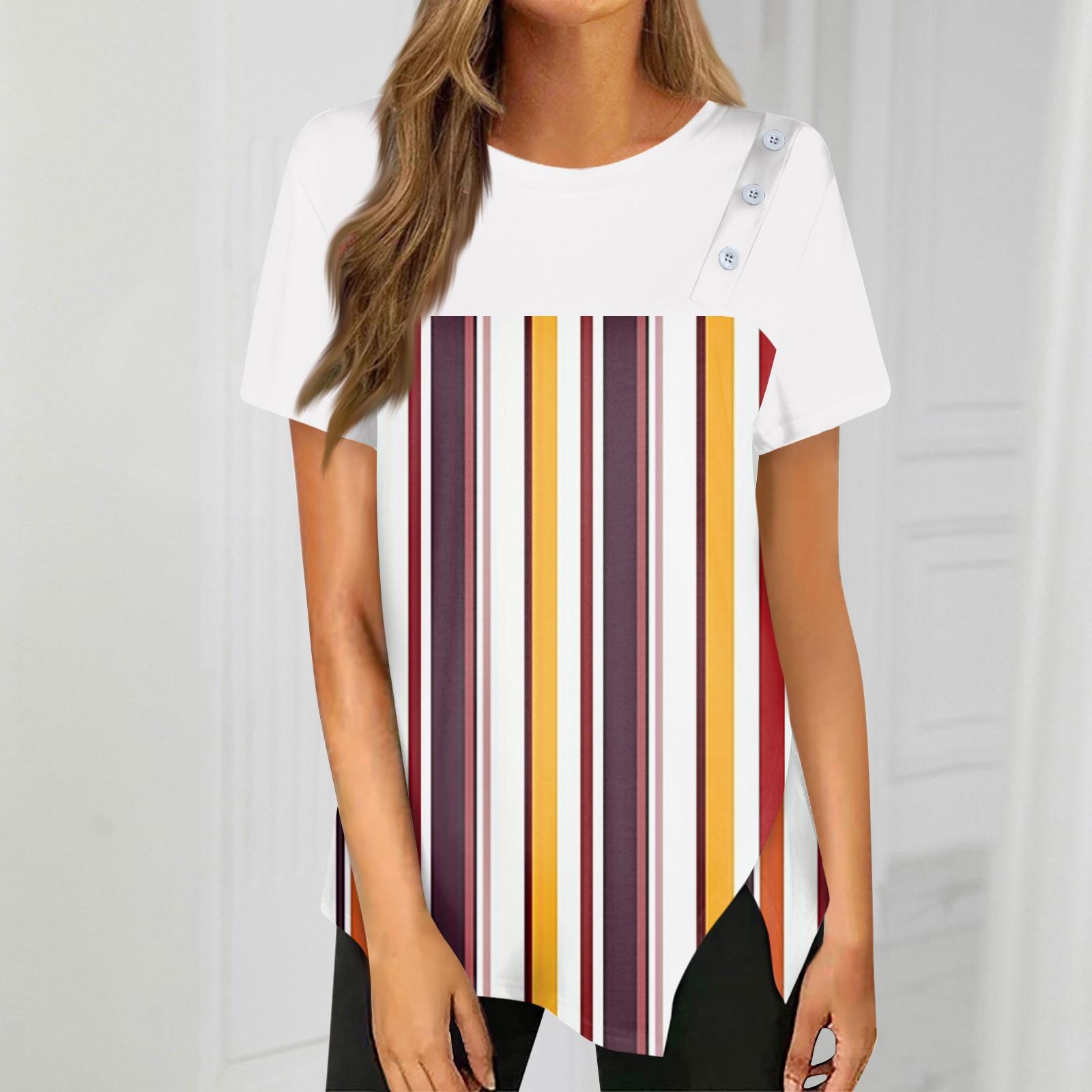 

Футболка в полоску с пуговицами и пышным подолом, повседневный топ с круглым вырезом с короткими рукавами, женская одежда XS белый
