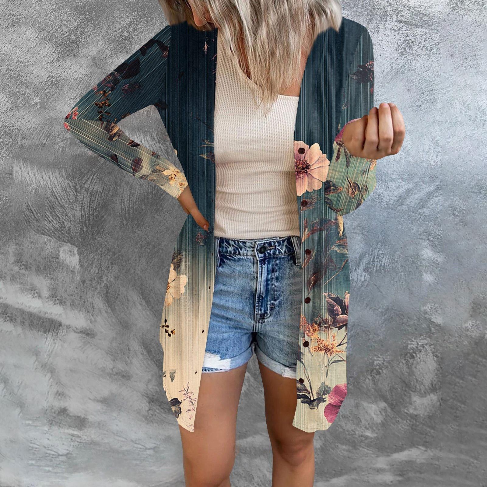 

Женская модная повседневная куртка с длинными рукавами и принтом средней длины, кардиган на пуговицах, пальто M