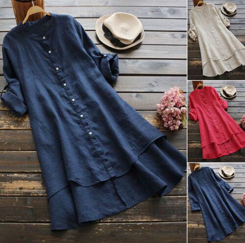 Women's Spring Solid Cotton Linen Shirt Dress Ladies Loose Dress Long Blouse Plus Size Clothes Clothing