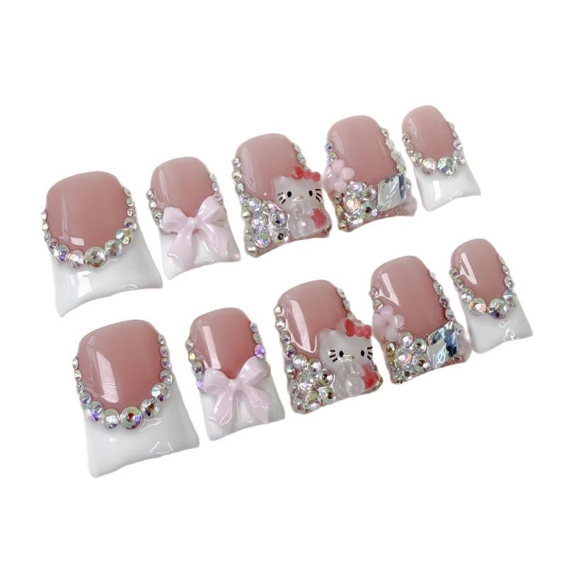 Sweet Kawaii Cat Butterfly Knot Press-On Nails Short Duckbill French Style Ice-Transparent Glitter Acrylic Tips