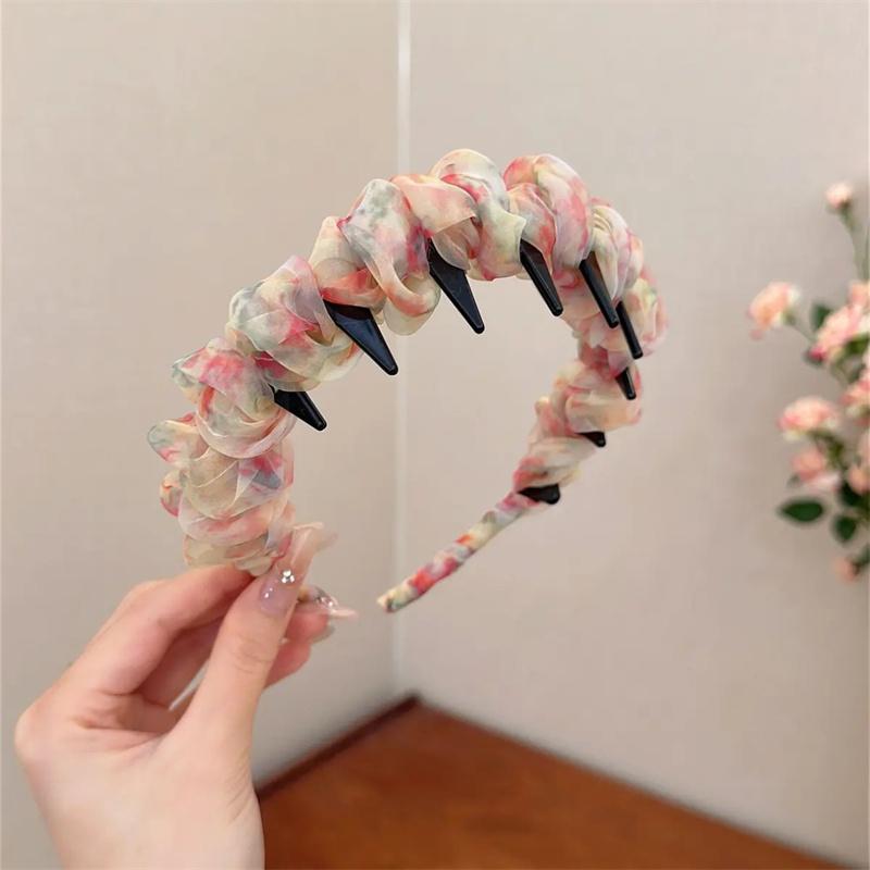 

Iridescent Gradient Ruffled Mesh Wave Headband - Ethereal Summer Hairband With Anti-Slip Teeth & High Crown Effect рожевий