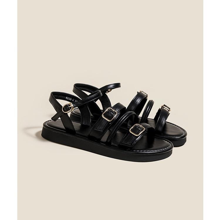 Soft leather flat bottom one-word belt buckle outer wear sandals women's 2025 summer retro casual Roman beach shoes platform