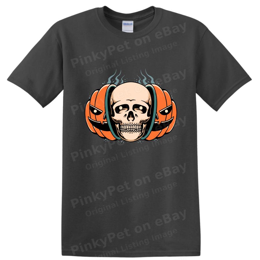 Skull w/ Pumpkin Headphones Halloween Graphic T Shirt Funny Tee Design