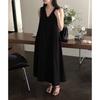 Chic summer French retro V-neck loose casual solid color knee long sleeveless vest dress women