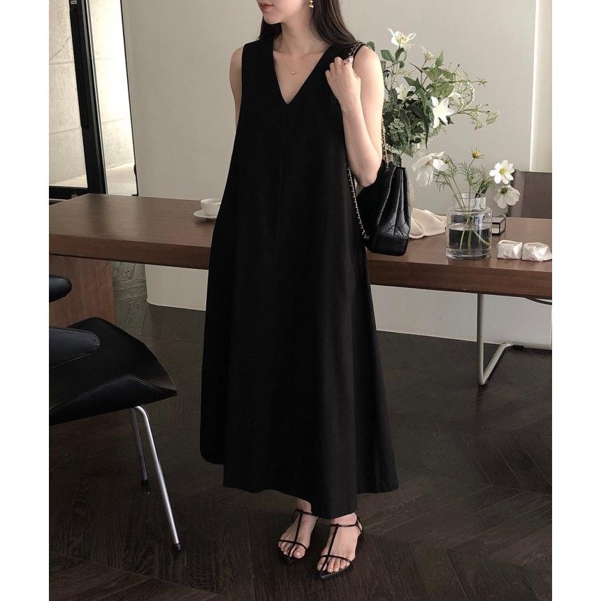Chic summer French retro V-neck loose casual solid color knee long sleeveless vest dress women