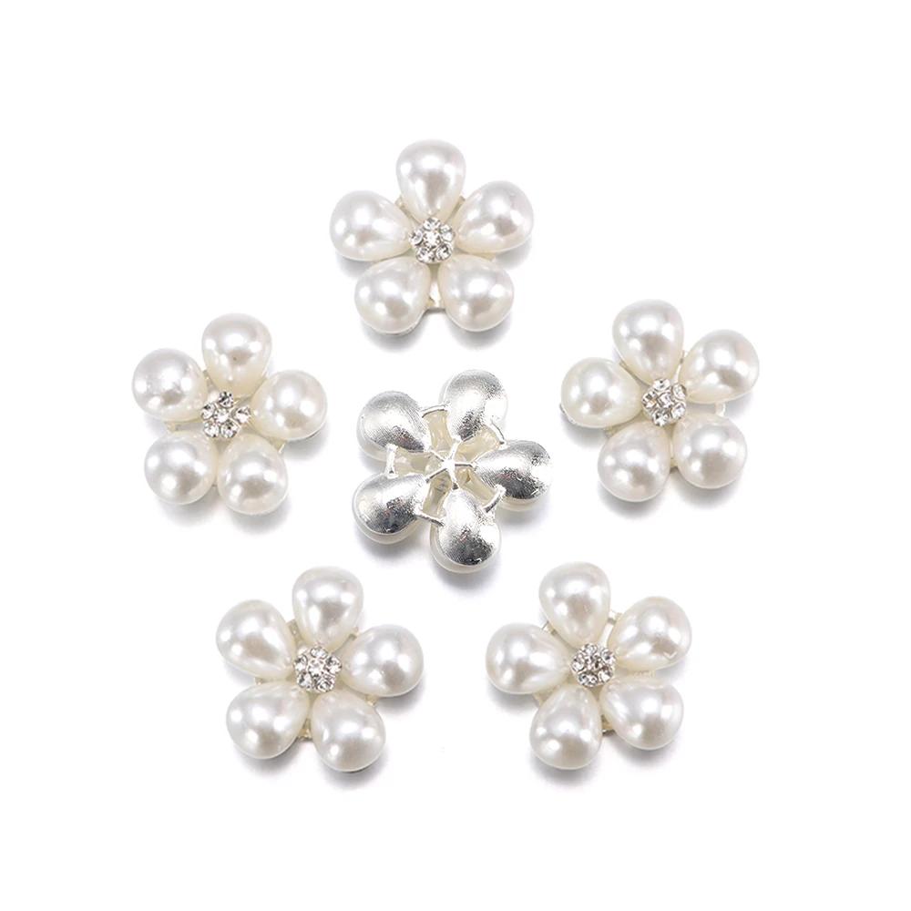 5PCS Pearl Flower Rhinestone Buttons Sparkling Crystal Hairpins Decoration Clothes Buttons DIY Crafts Apparel Sewing Accessories