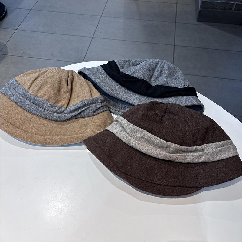 New Splicing Bucket Hat Women's Autumn and Winter Retro Face Small Versatile Stacking Basin Hat Casual Commuting