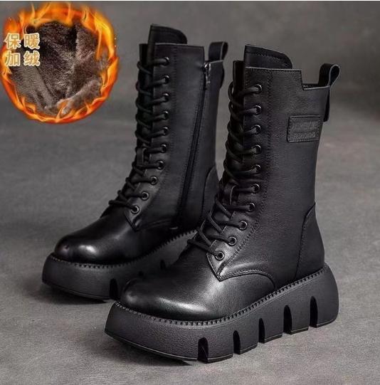 Téli Bőr Női Csizma Kerek Orrú Közepes Sarkú Bokacsizma Nőknek Fűzős Meleg Hócsizma Retro Női Platform Motoroscsizma Nőknek