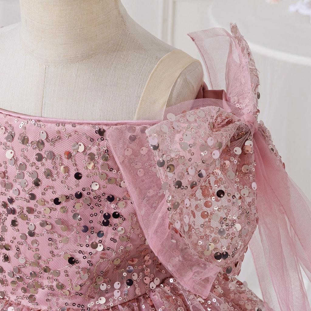 Girls' 2026 Formal Mesh Princess Dress with Big Bow and Puffy Skirt, Ideal for Runway and Performances.