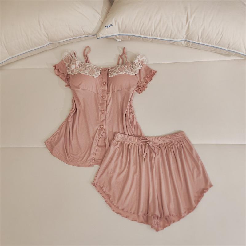 Women's Lace Camisole Sleepwear Set with Chest Pads - Sweet & Sexy Spring/Summer Homewear.