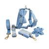 Sky Blue Velvet Dog Harness & Leash Set with Bow Tie and Engraving Option