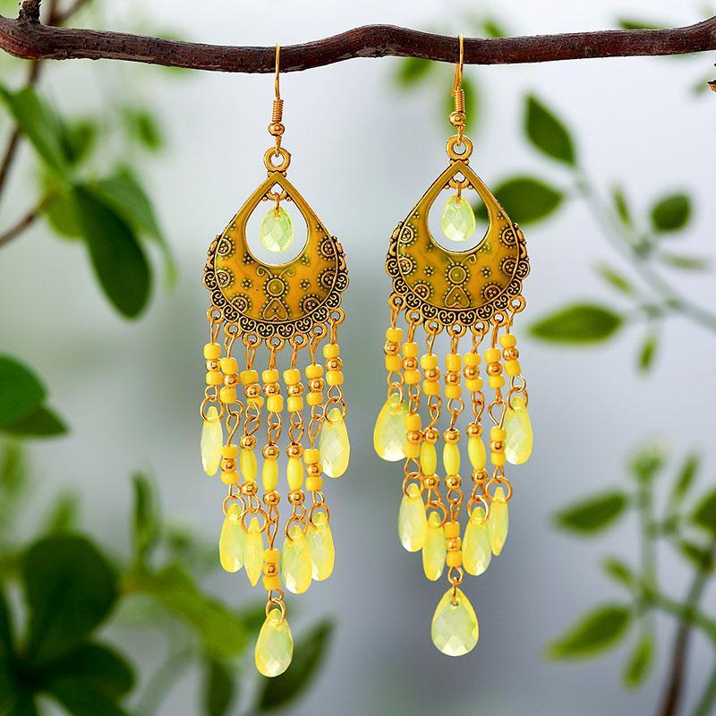 Bohemian Ethnic Style Earrings for Women Long Vintage Drop Glaze Rice Bead Water Drop Earrings Vacation Party Wedding Jewelry