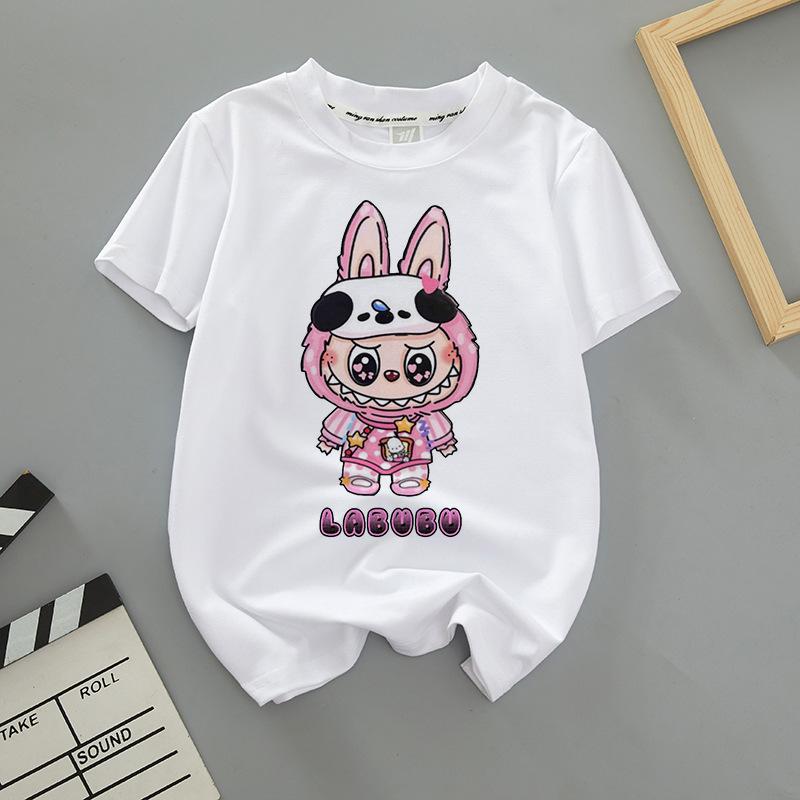 Cute Cartoon Labubu Print Short-sleeved T-shirt Girl Kids Casual with Summer Tops Tees