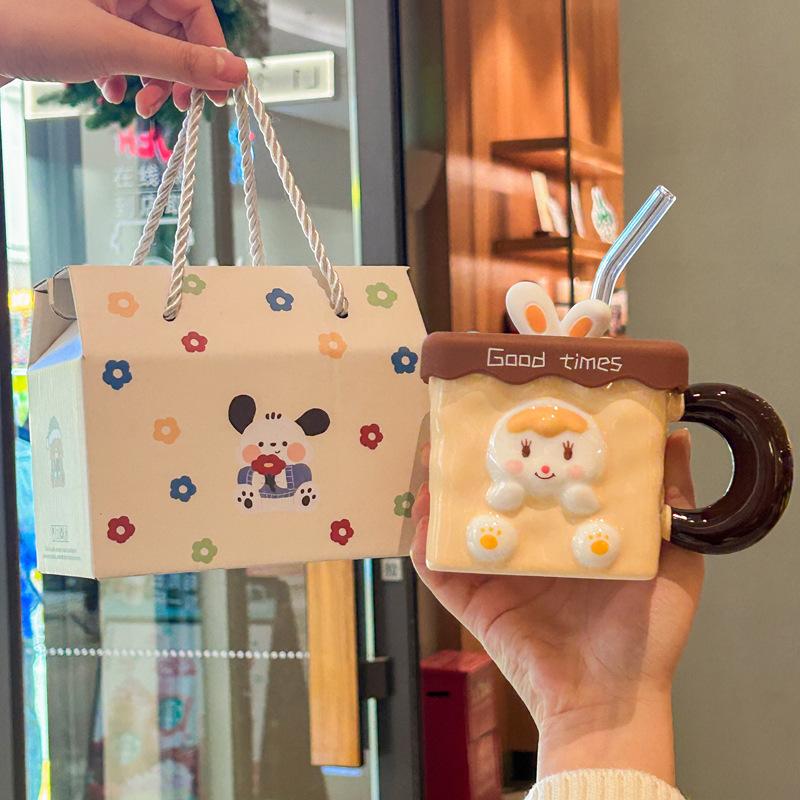 Girl's heart birthday gift cute three-dimensional rabbit ceramic mug with lid spoon girlfriend practical souvenir gift
