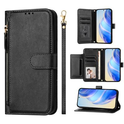 Skórzane etui na telefon z zamkiem błyskawicznym, przegródką na karty i smyczą dla Realme 14 13 12 11 5G 10 Pro Plus C75 C67 C65 C63 C61 C55 Note 50 60 Etui portfelowe z klapką i podstawką