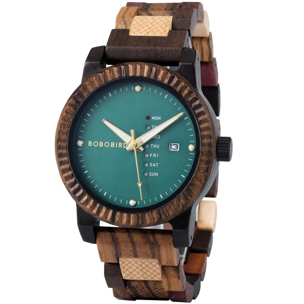BOBO BIRD Orologio da Uomo in Legno con Movimento Analogico al Quarzo, Display Giorno-Data, Leggero Orologio in Legno Fatto a Mano (verde)
