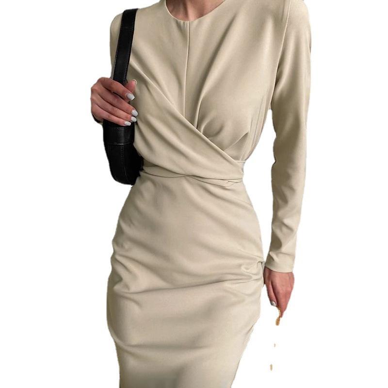 Women's Long Sleeve Round Neck French Retro Slim Long Dress
