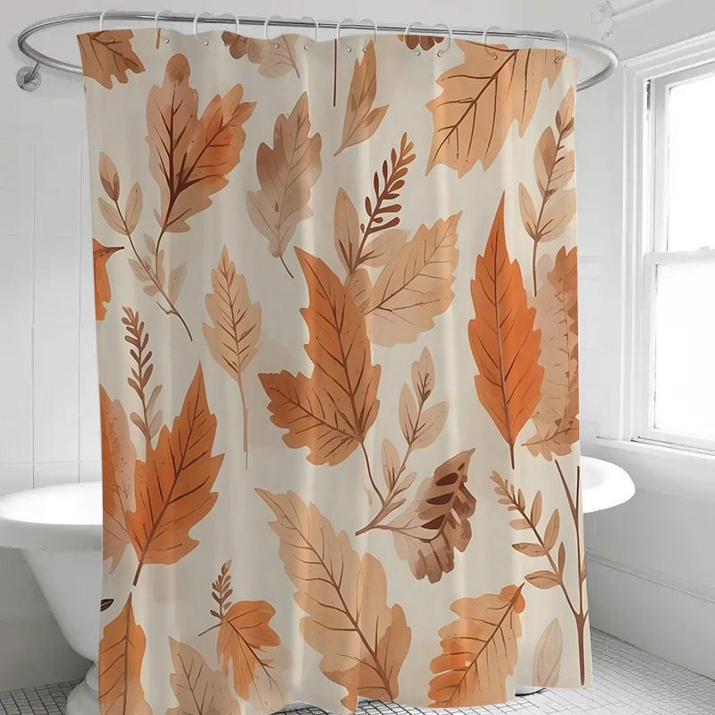 1pc Modern brown leaf pattern shower curtain, polyester fabric, with hooks, machine washable, suitable for bathroom décor.