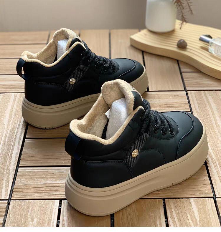 Women's High-Top Leather Sneakers: 2025 Autumn/Winter Thick-Soled Plus Velvet Warm Casual Shoes