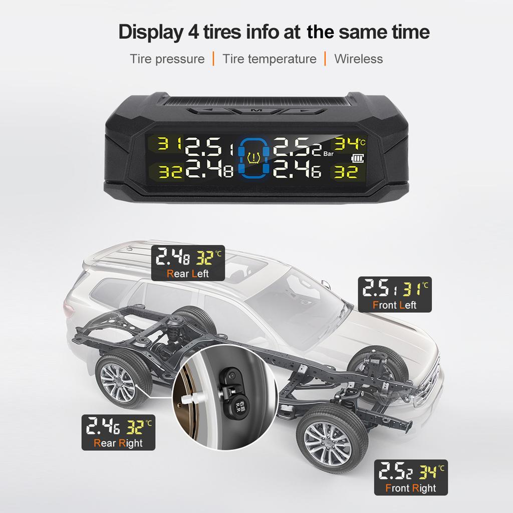 Wireless Tire Pressure Monitor HD LCD Display Real Time Alert Solar Powered USB Charging Tire Pressure Monitoring System