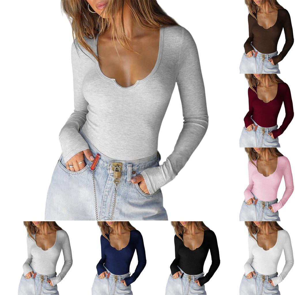 Women's Casual Fashion V-Neck Slim Fit Solid Color Top Long Sleeve